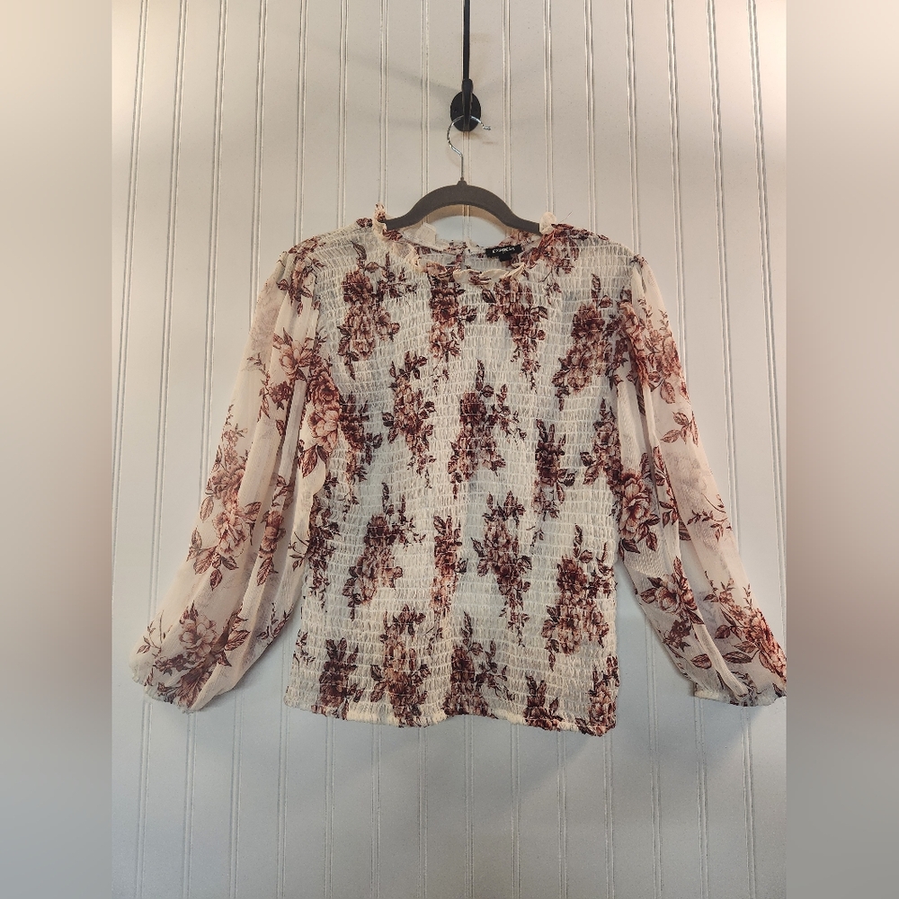 Express Women's White Burgundy Floral Sheer‎ Chiffon Smock Peasant Top Size L